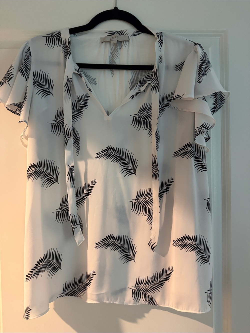 LOFT White Blouse with Black Palm Leaf Print and Tie Neck